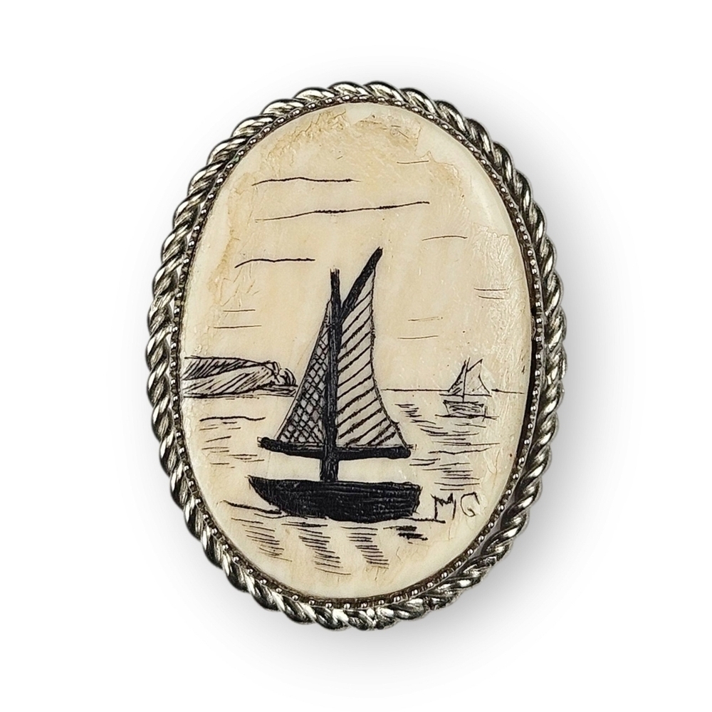 Vintage Sailboat Faux Scrimshaw Brooch Painted Celluloid Oval Cameo Style Signed